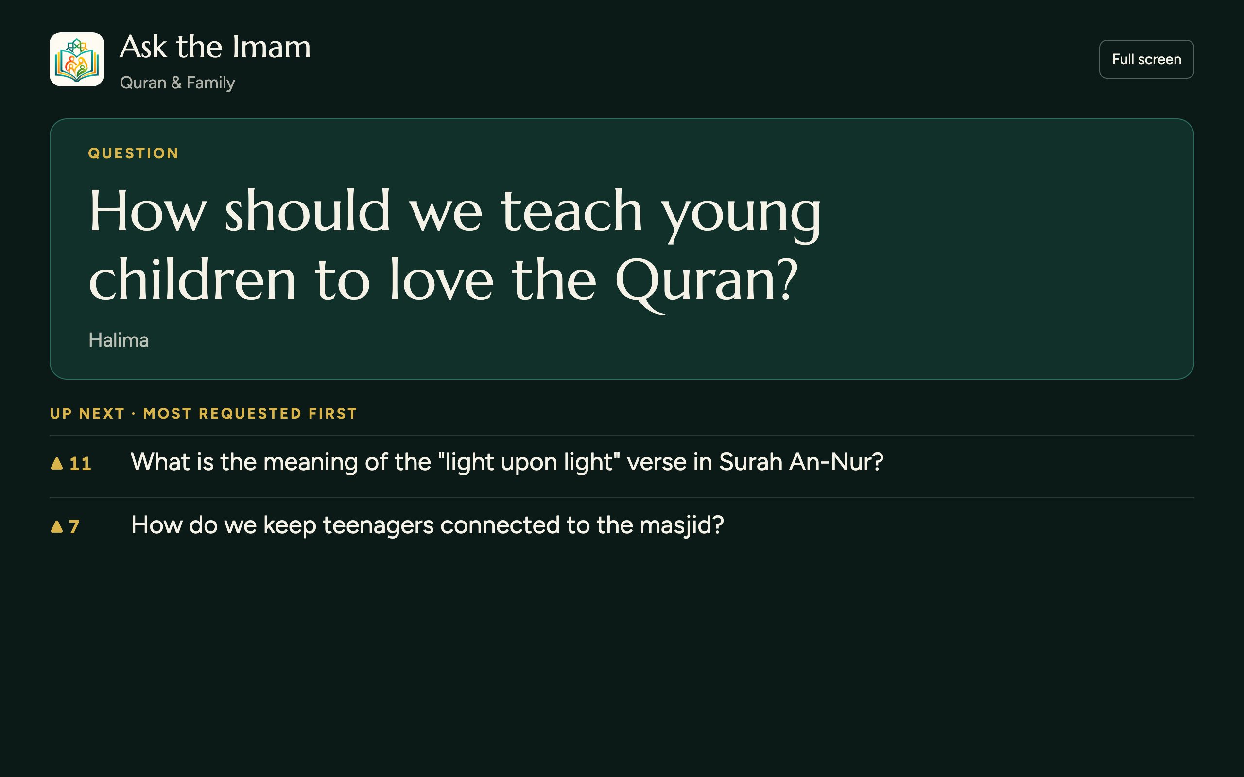 The imam’s screen: the current question and what comes next.