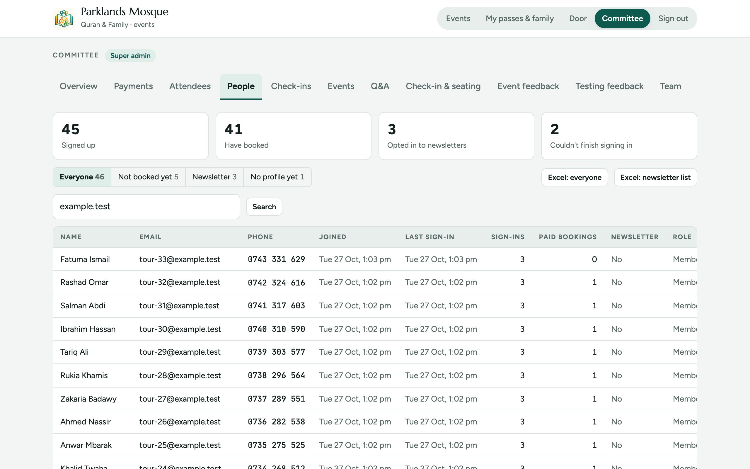 Everyone who has signed up, with newsletter consent. Downloads as a spreadsheet.