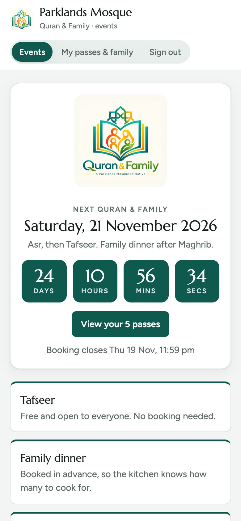 The next date with a countdown. A banner appears when the Q&A is open.