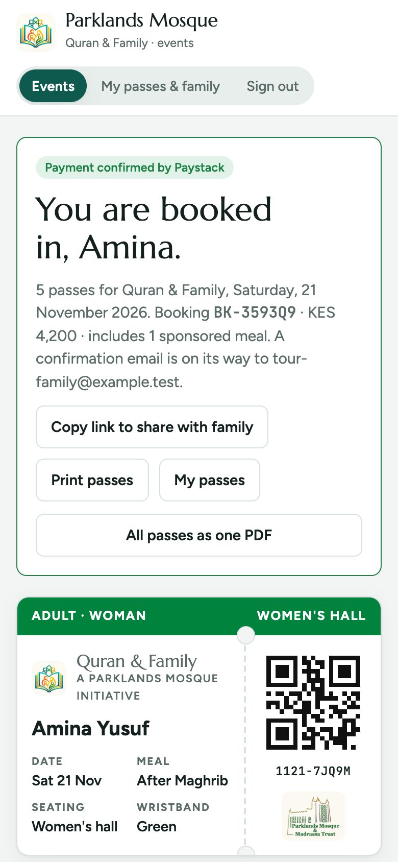 Pay by M-Pesa or card. Passes are issued only after Paystack confirms the payment.