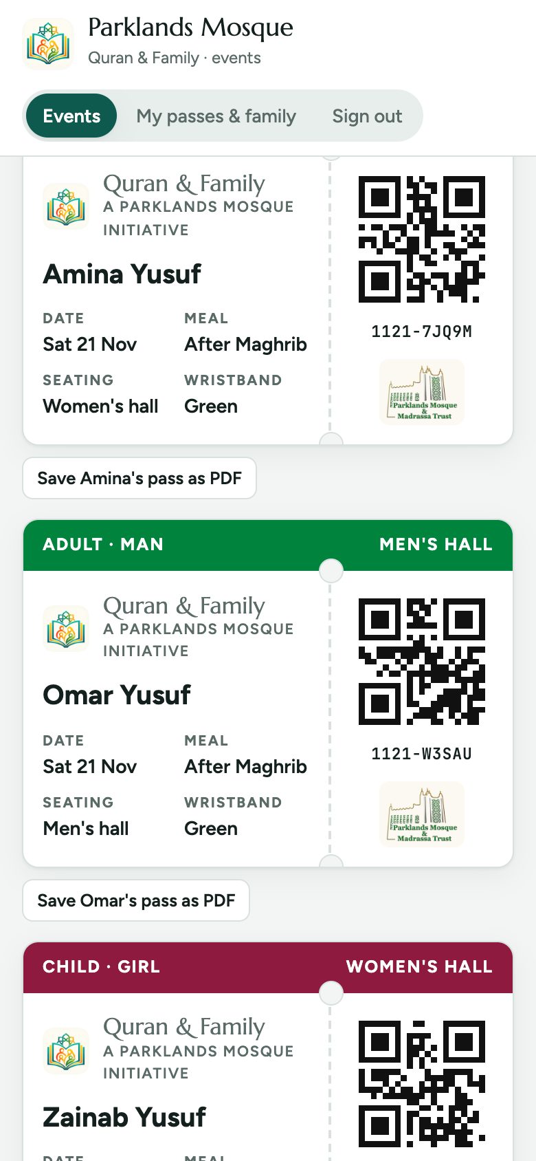 A colour-coded pass for each person with its own QR code, shareable with the family by link.